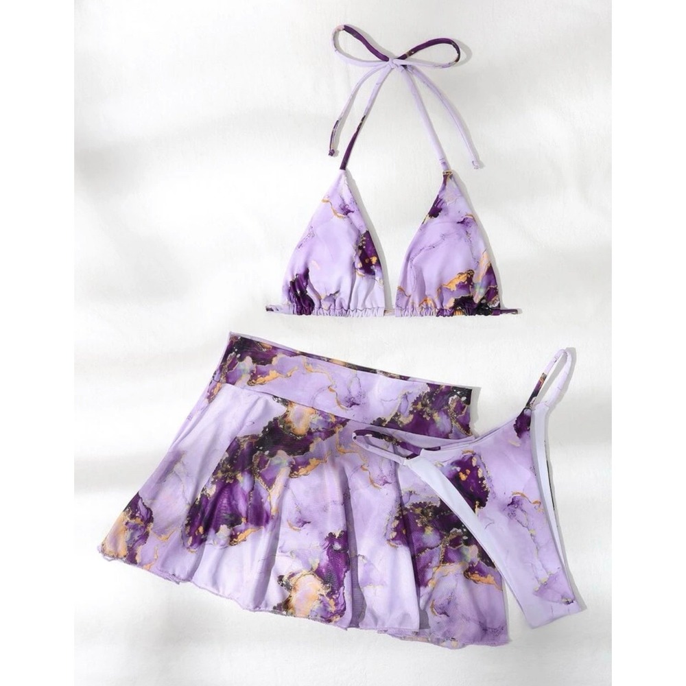 Purple Marble Print 3 Piece Bikini Swimsuit and Mesh Skirt Cover Up Set M/L
